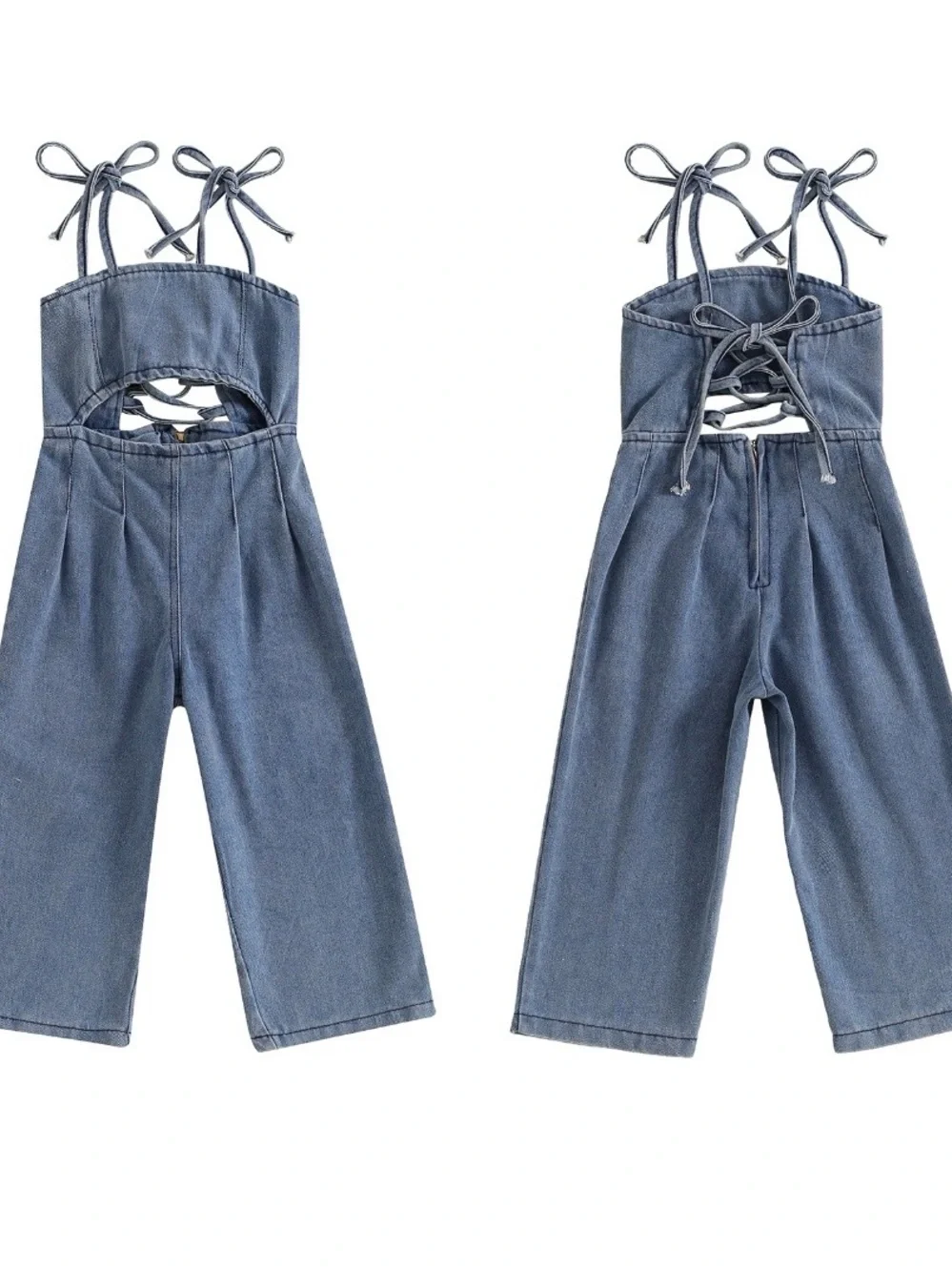 Girls Blue Denim Tie-Shoulder Cutout One-Piece